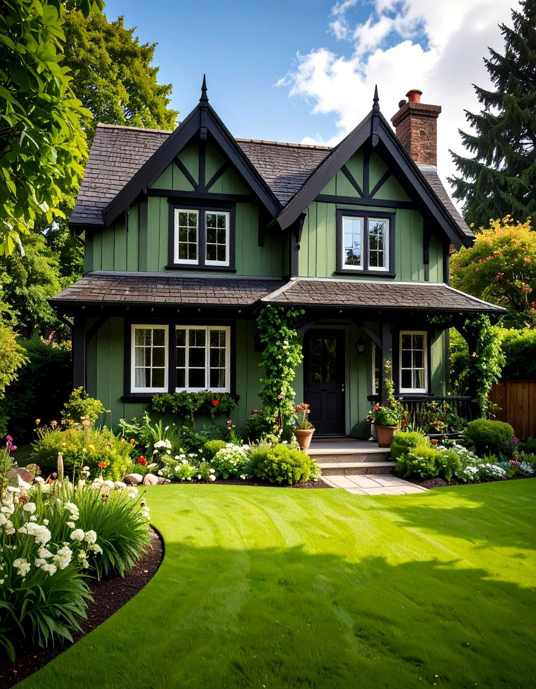 Classic Sage Green Cottage with Black Accent - 20 Sage Green House With Black Trim Ideas