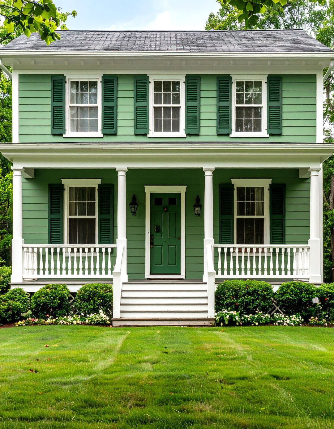 Classic Sage Green Siding with Crisp White Trim - 20 Exterior House Color Schemes With Sage Green Siding