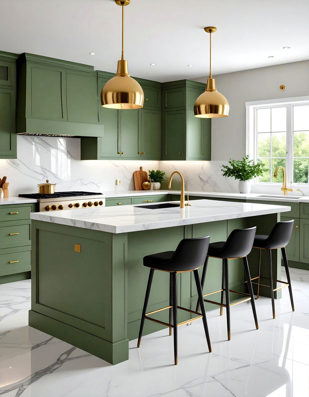 Classic Shaker Paneling with Marble Countertop - 20 Sage Green Kitchen Island Ideas