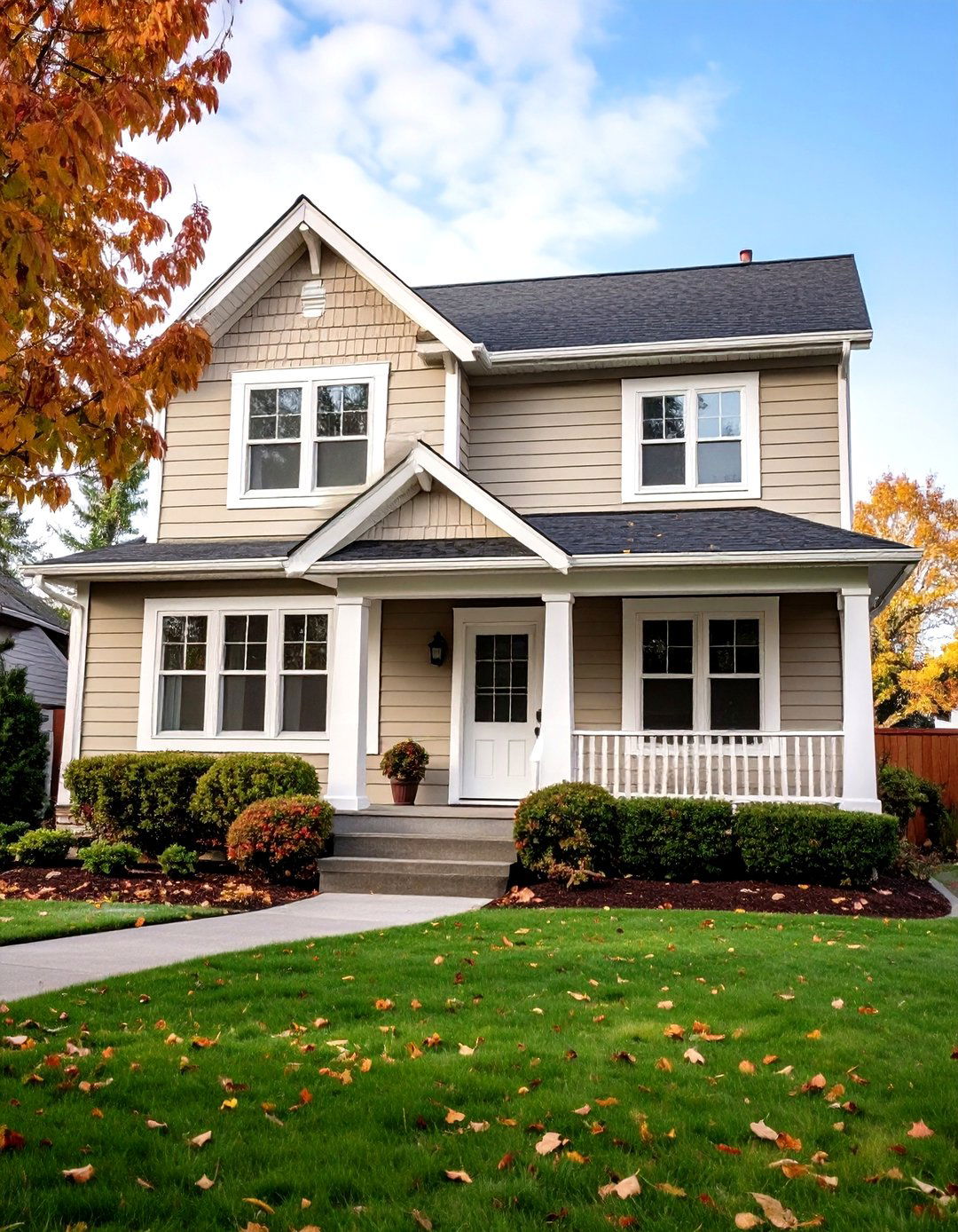 Classic Taupe Siding with Crisp White Trim - 20 Exterior Taupe House Color Combinations