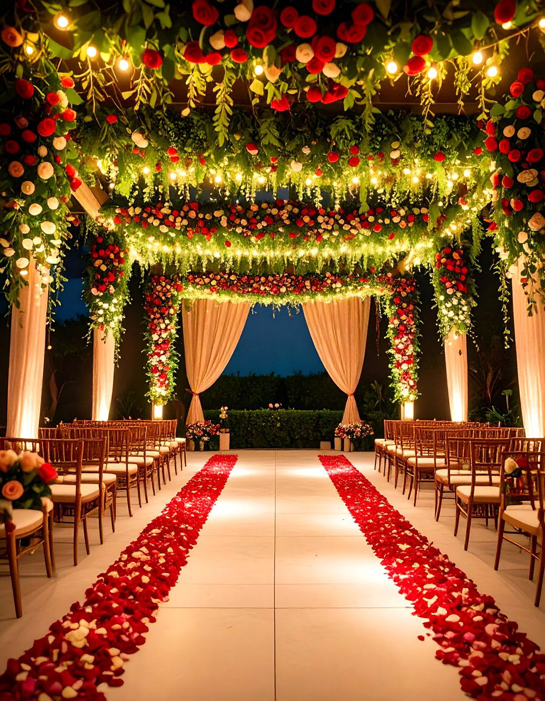 Classic Wedding Backdrop with Traditional Rose and Greenery Garlands - 20 Wedding Backdrop Ideas