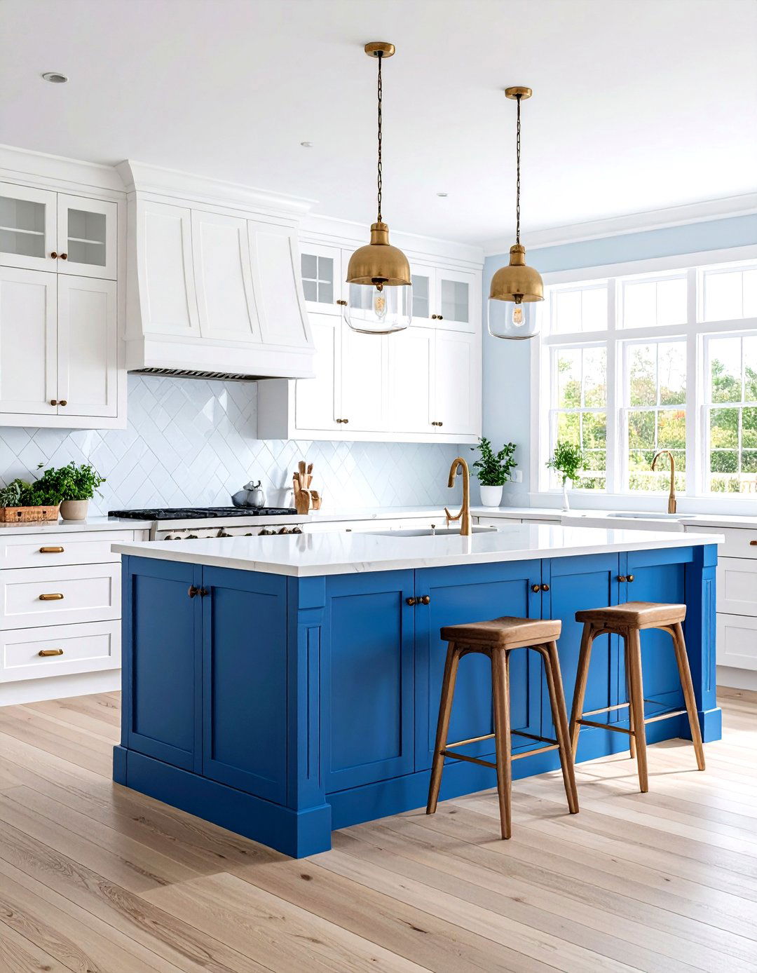 Classic White Kitchen Cabinets with Navy Blue Island and Brass Hardware - 20 White Kitchen Cabinets With Blue Island
