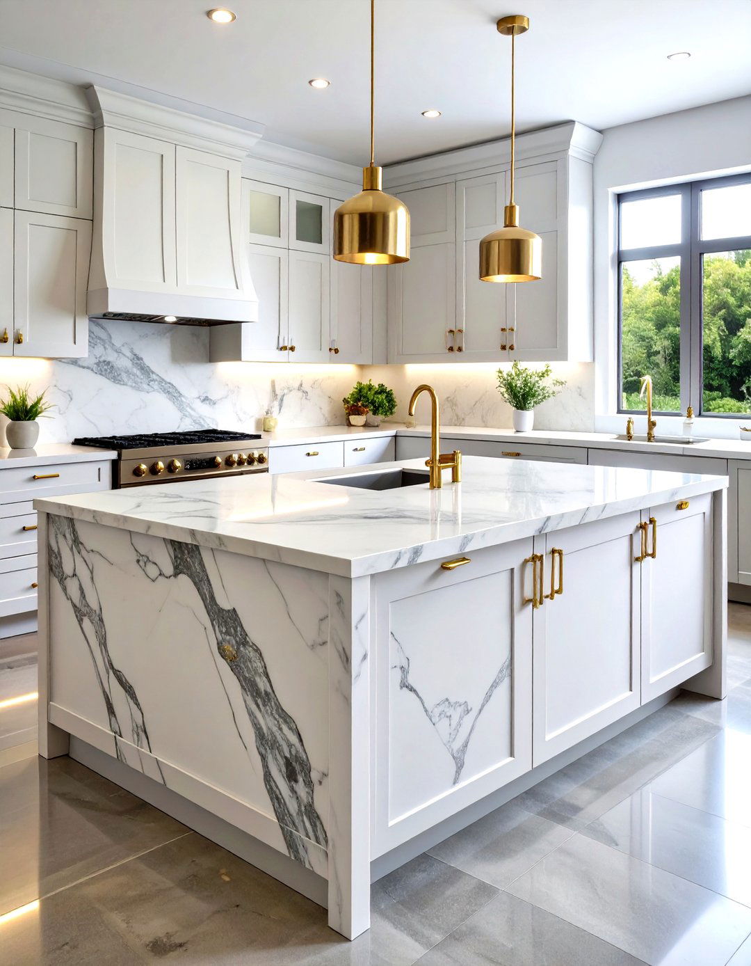 Classic White Marble Waterfall Kitchen Island with Calacatta Veining - 20 Waterfall Kitchen Island Ideas