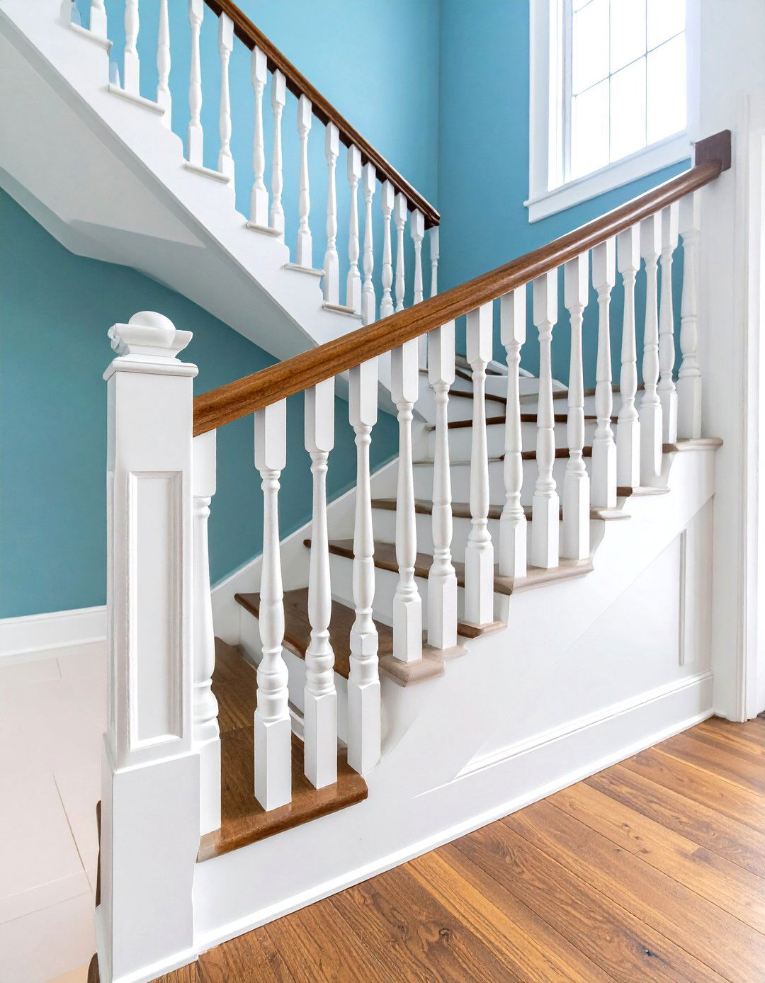Classic Wood Stair Railing with White Painted Balusters - 20 Wood Stair Railing Ideas