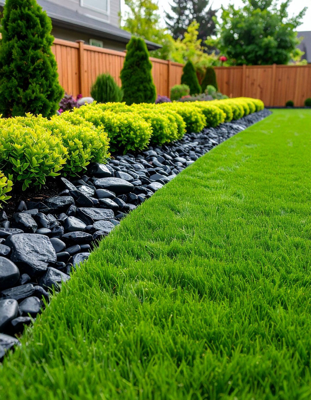 Clean Cut Lawn Edge with Black River Rock - 20 Black River Rock Landscaping Ideas