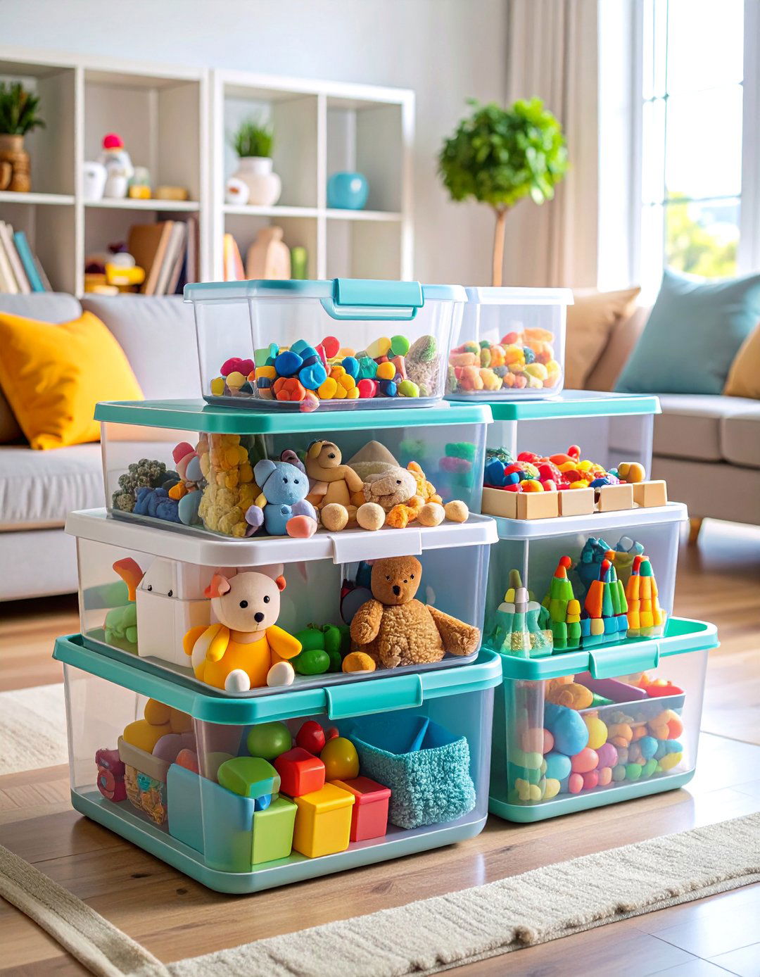 Clear Container Living Room Toy Storage Visibility System - 20 Living Room Toy Storage Ideas