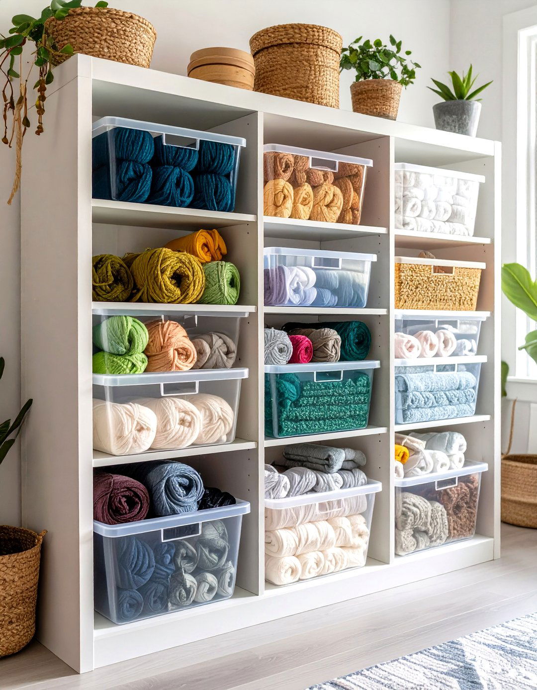 Clear Front Bins for Fabric and Yarn - 20 Craft Room Organization Ideas