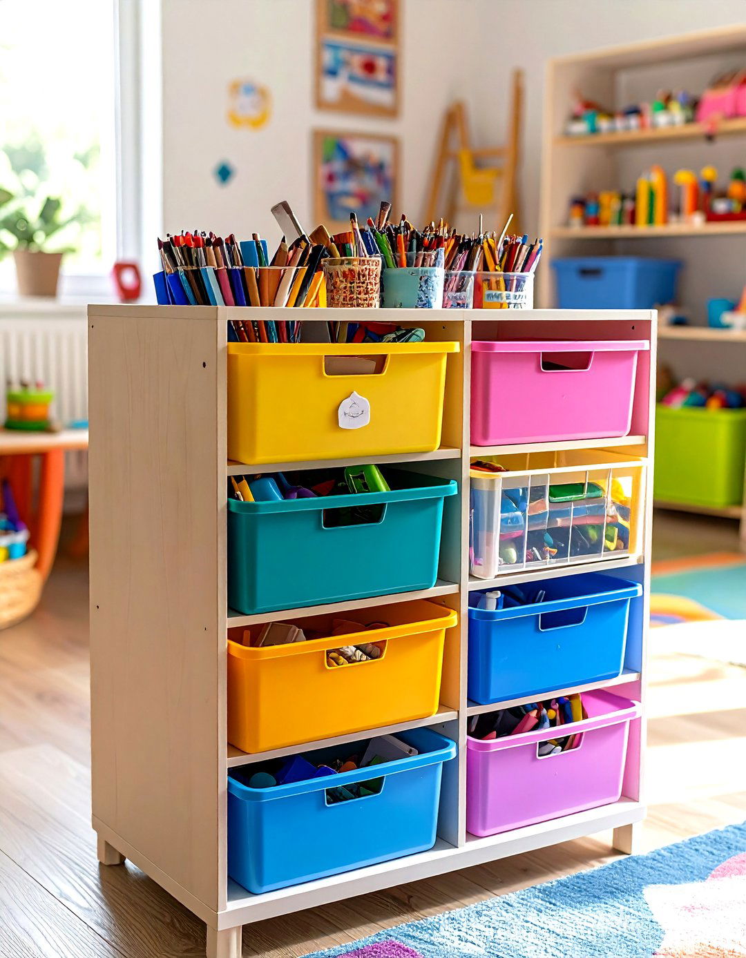 Clear Plastic Drawers for Playroom Supplies - 20 Playroom Storage Ideas