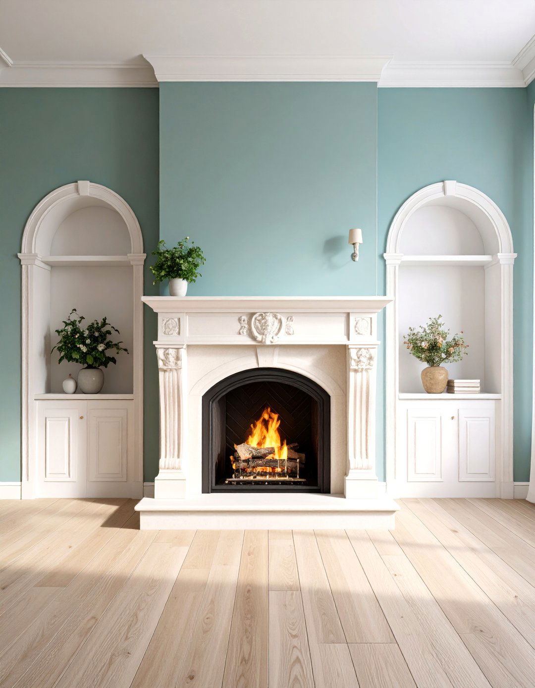 Closed Bases Glass Shelves Elevate the Fireplace Display - 20 Fireplace Built-in Ideas