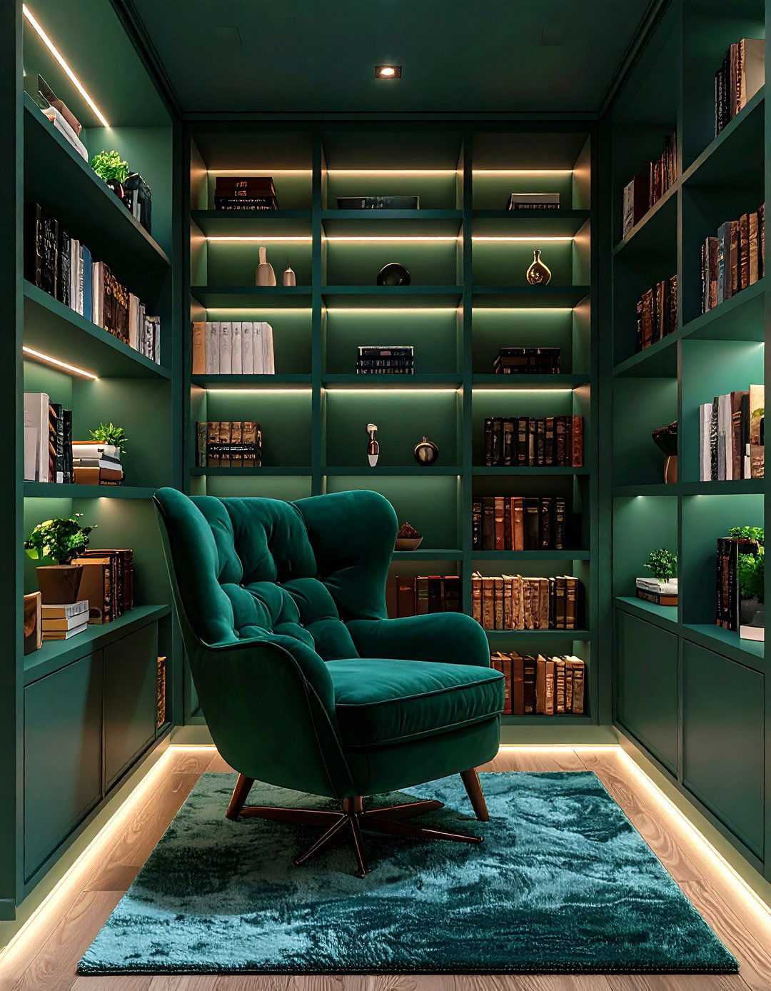 Closet Sized Midnight Green Home Library Retreat - 20 Dark Green Home Library Ideas and Inspiration
