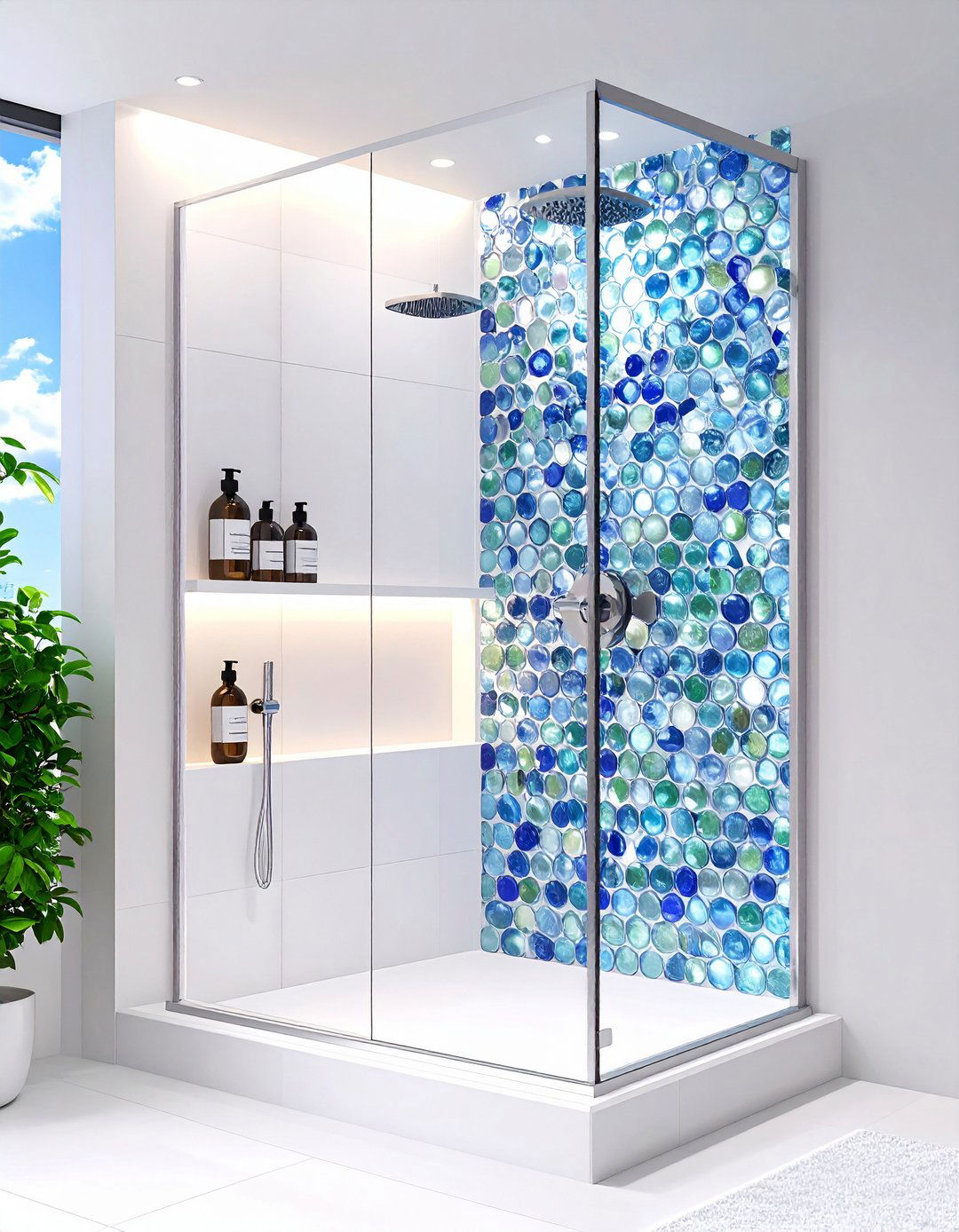 Cloud Glass Accent Niche - 20 Blue and White Bathroom Ideas