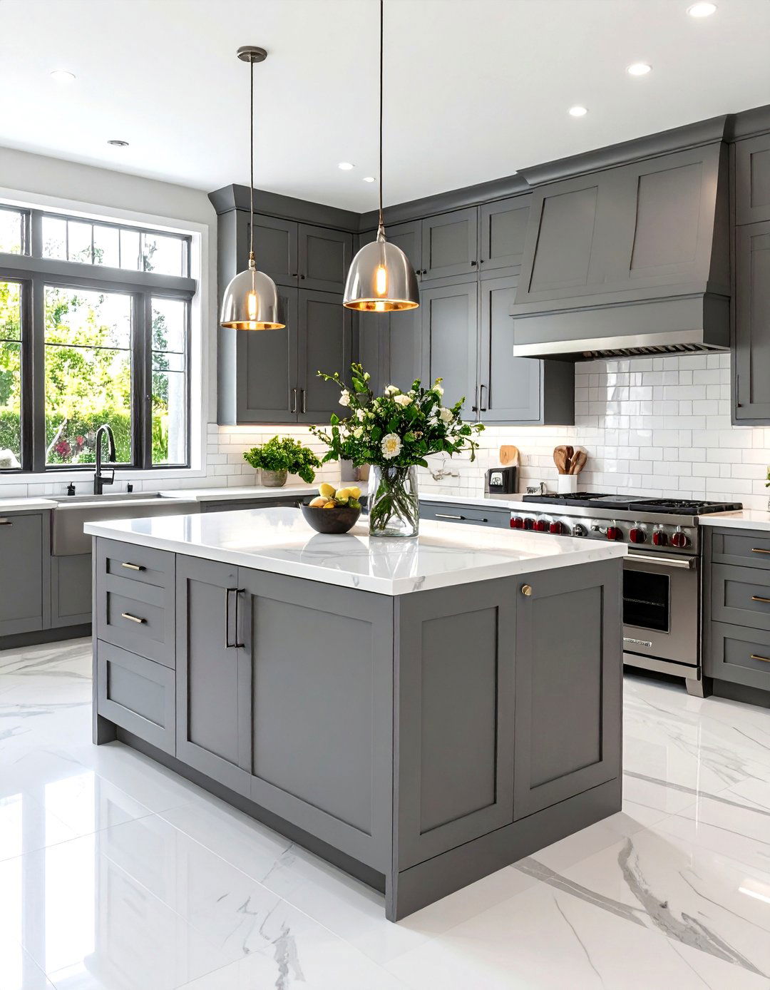 Cloud Grey Cabinet Kitchen with Classic White Subway Tile - 20 Grey and White Kitchen Designs
