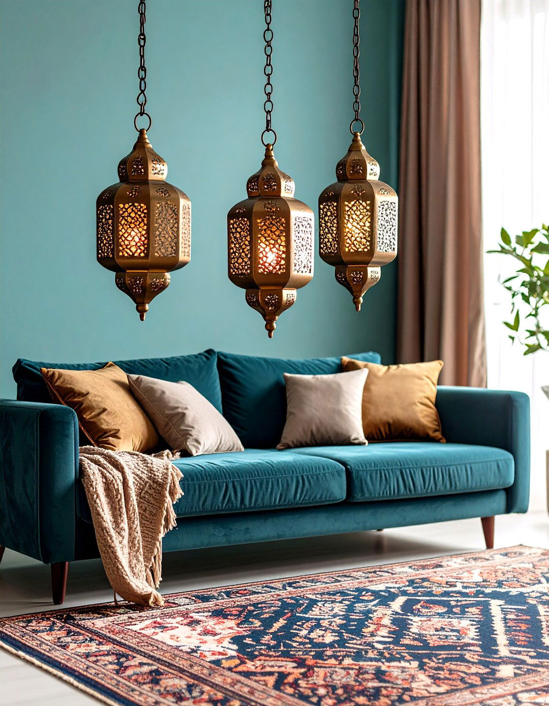 Cluster Brass Lanterns at Varying Heights - 20 Bohemian Moroccan Living Room Ideas