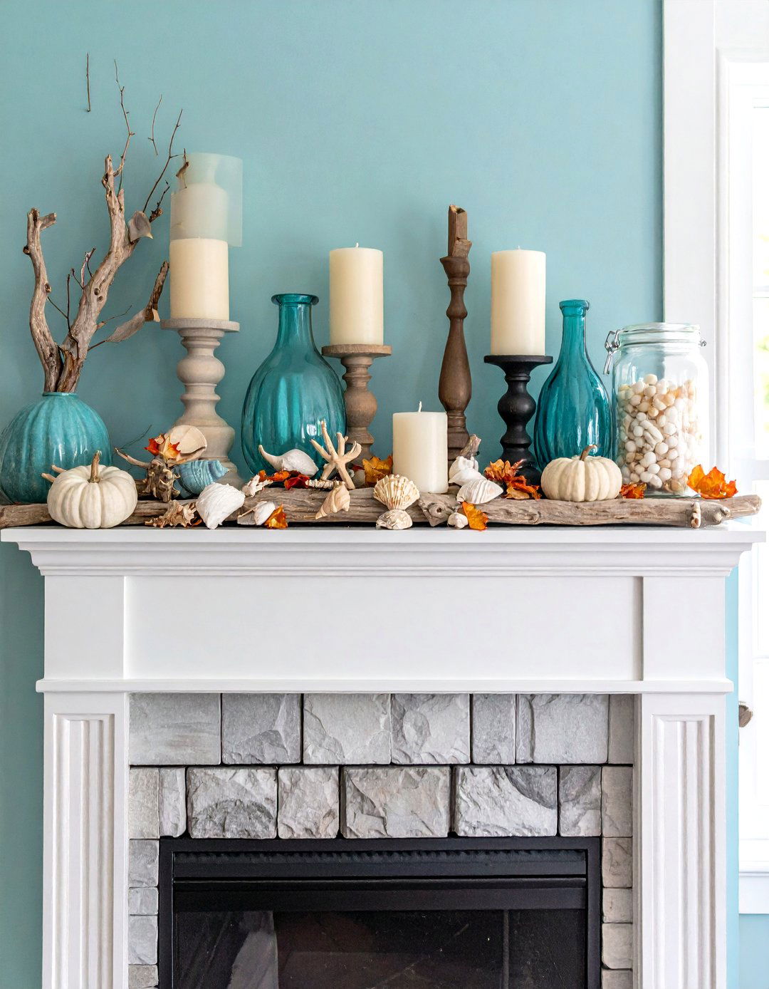 Coastal Autumn Mantel - 20 Fall Mantel Decor Ideas