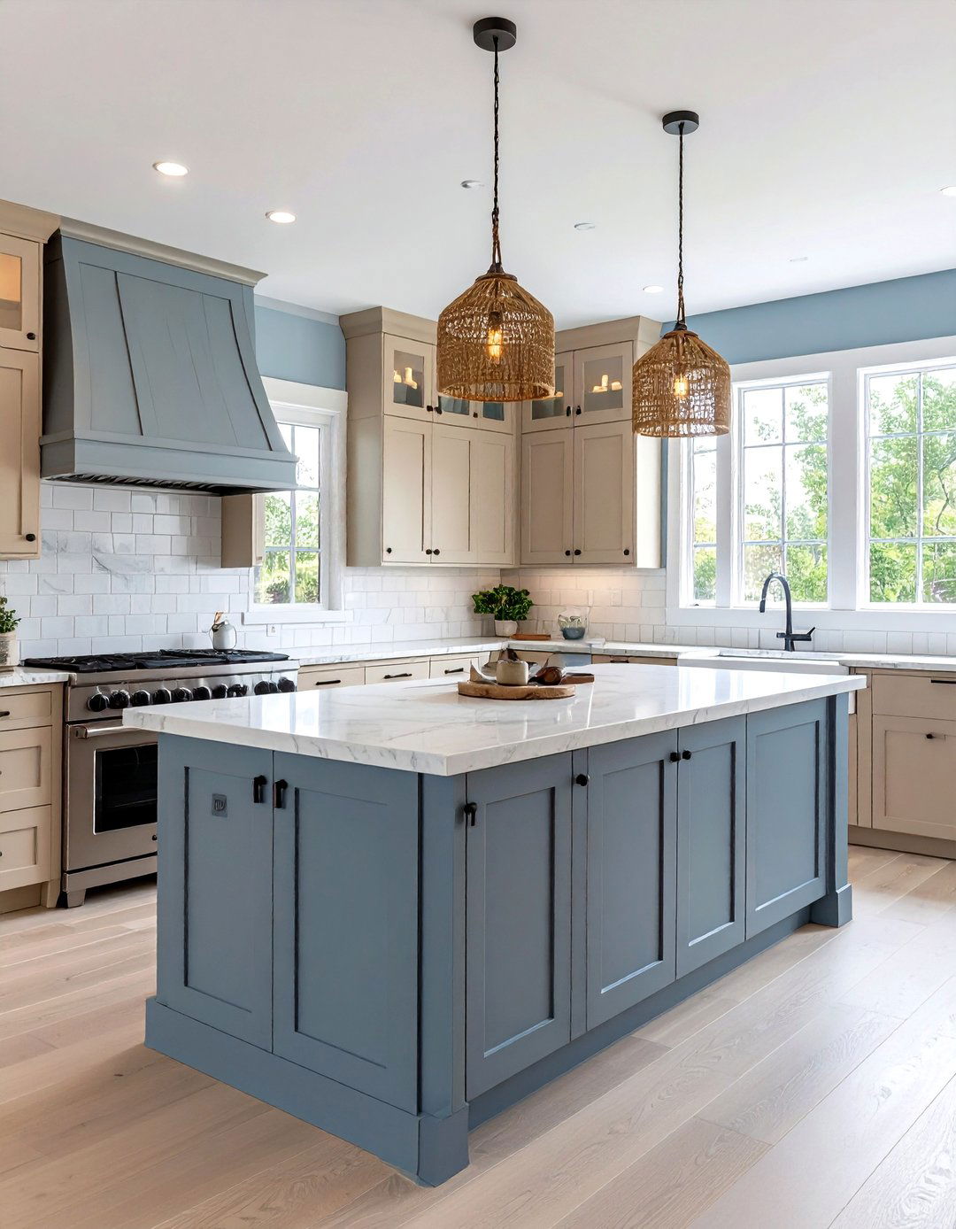 Coastal Beige Kitchen Cabinets with Light Blues
