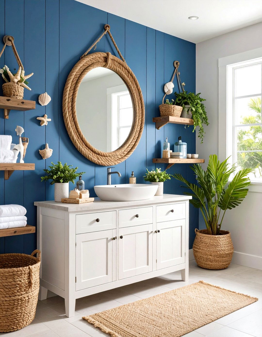 Coastal Blue Bathroom Ideas with Rope Mirror Accents - 20 Blue Bathroom Ideas