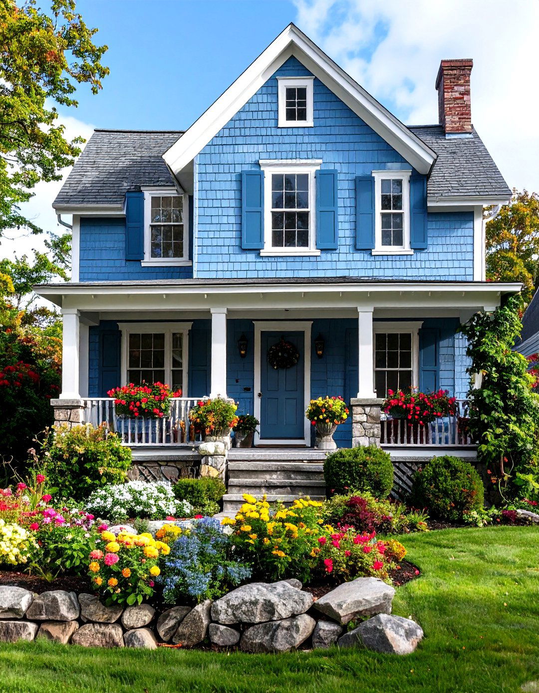 Coastal Blue Cape Cod House with Natural Stone Foundation - 20 Modern Cape Cod House Ideas