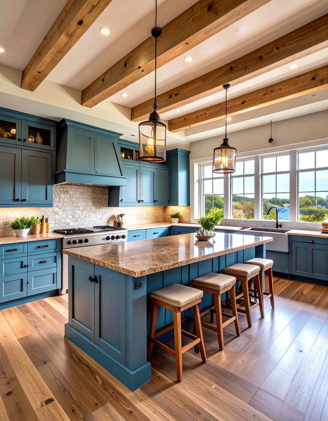 Coastal Blue Kitchen Cabinets with Brown Granite and Natural Wood Accents - 20 blue kitchen cabinets with brown granite countertops