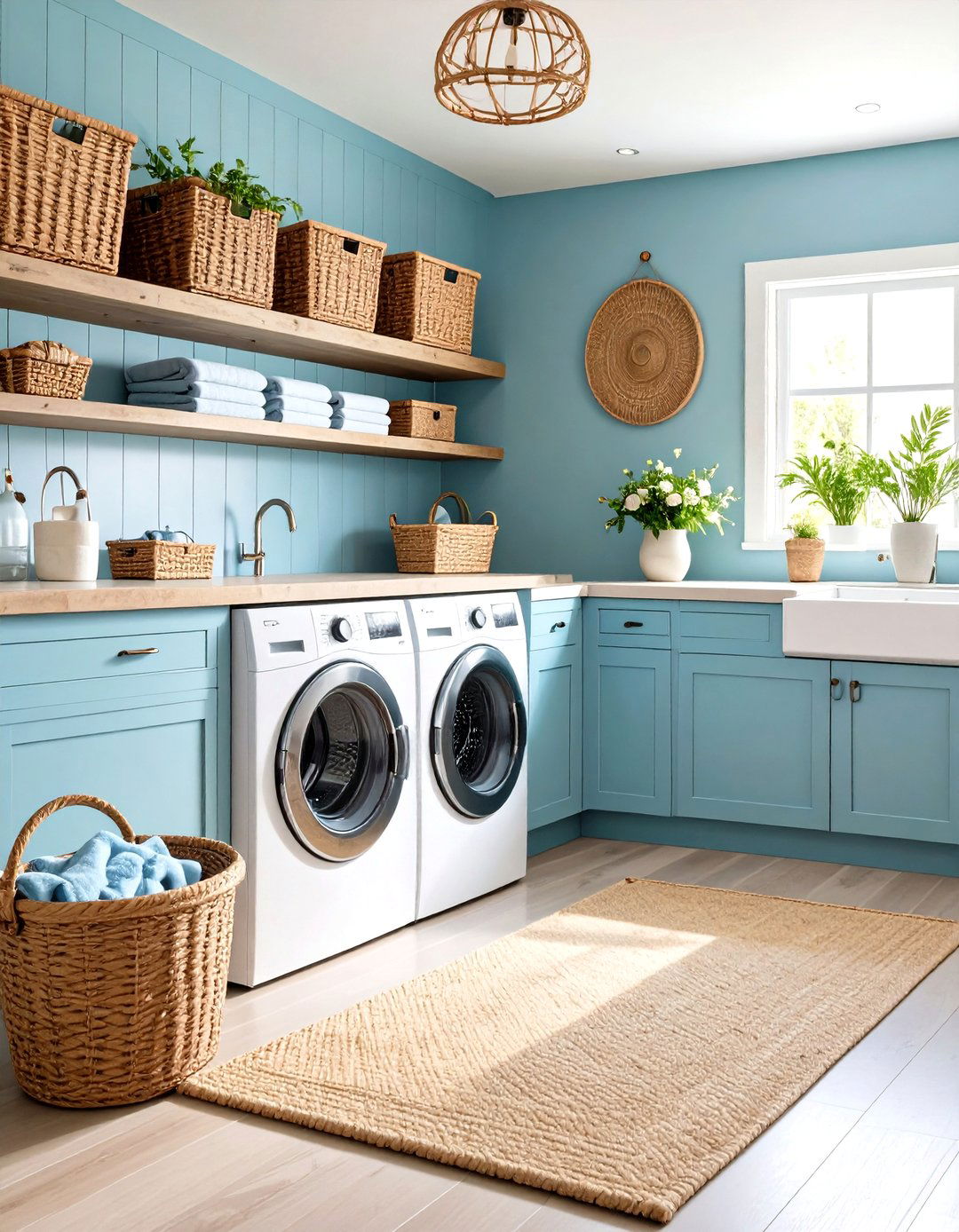 Coastal Blue Laundry Room Theme with Natural Elements - 20 Blue Laundry Room Ideas