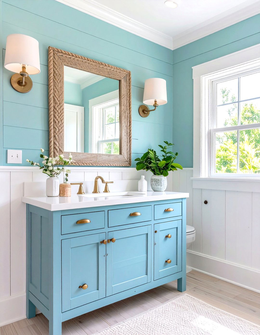 Coastal Blue Powder Room with Shiplap Walls - 20 blue powder room ideas