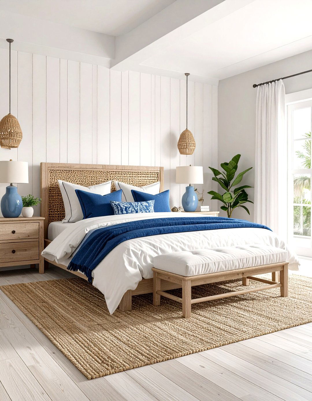 Coastal Blue and White Bedroom with Natural Textures - 20 Blue and White Bedroom Ideas