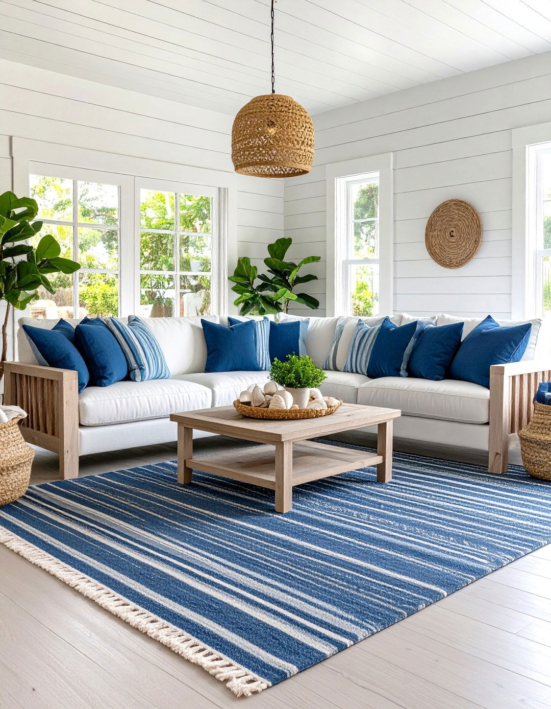 Coastal Blues over Grey Carpet Serenity - 20 grey carpet living room ideas