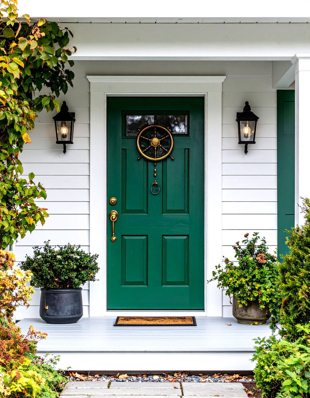 Coastal Brass and Porthole Charm - 20 Emerald Green Front Door Ideas