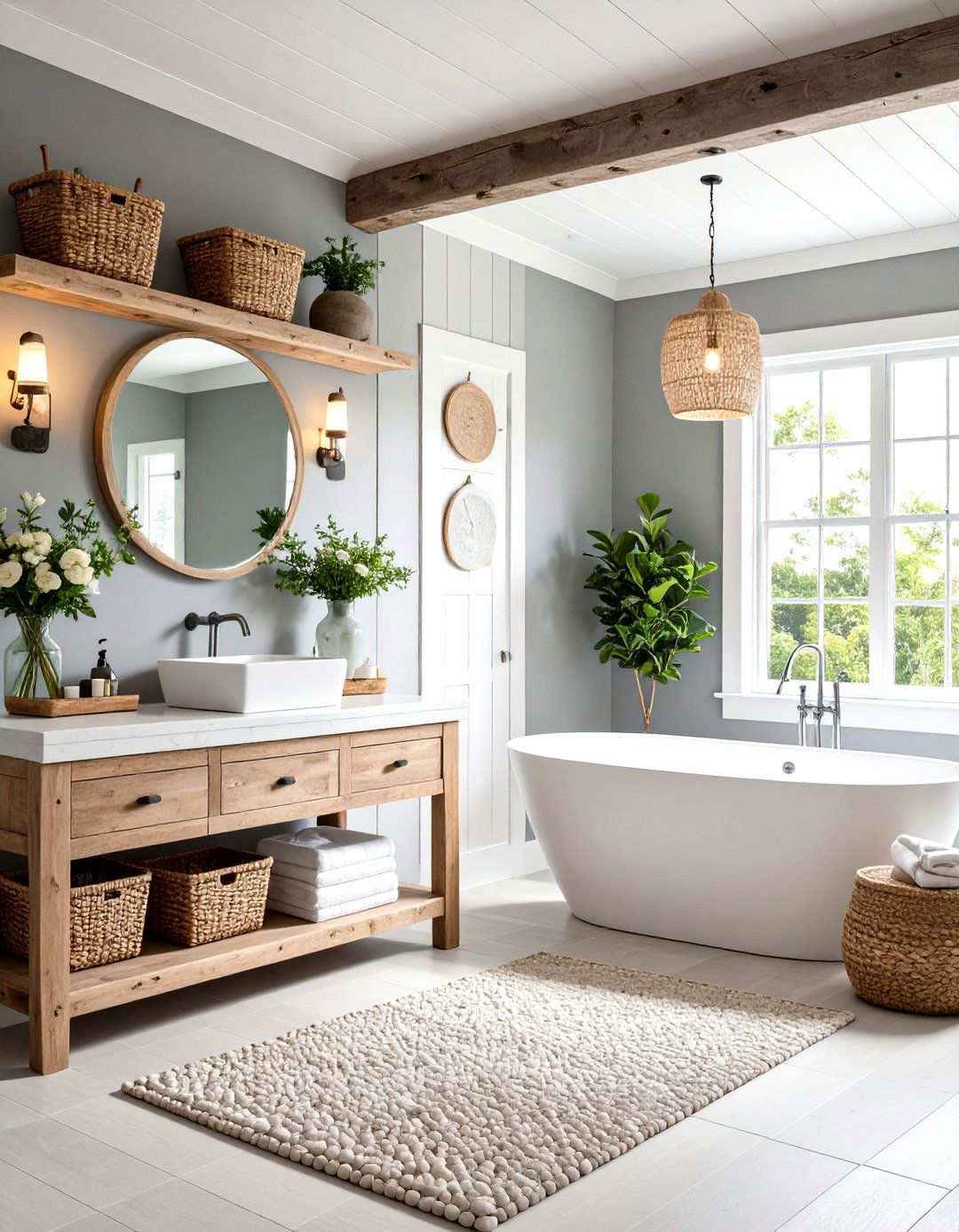 Coastal Breeze Grey and White Bathroom with Driftwood - 20 Grey and White Bathroom Ideas