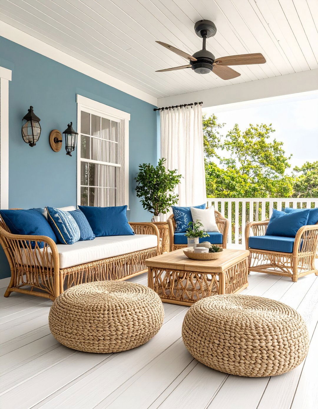 Coastal Breezy Porch Dressed in Soft Blues and Woven Textures - 20 Enclosed Porch Ideas