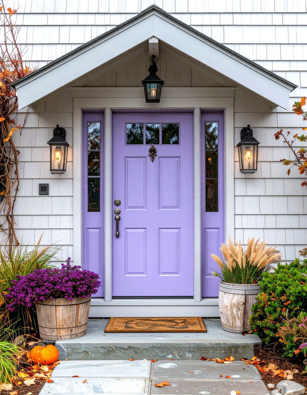 Coastal Cottage Lavender Front Door with Driftwood Accents - 20 Lavender Front Door Ideas