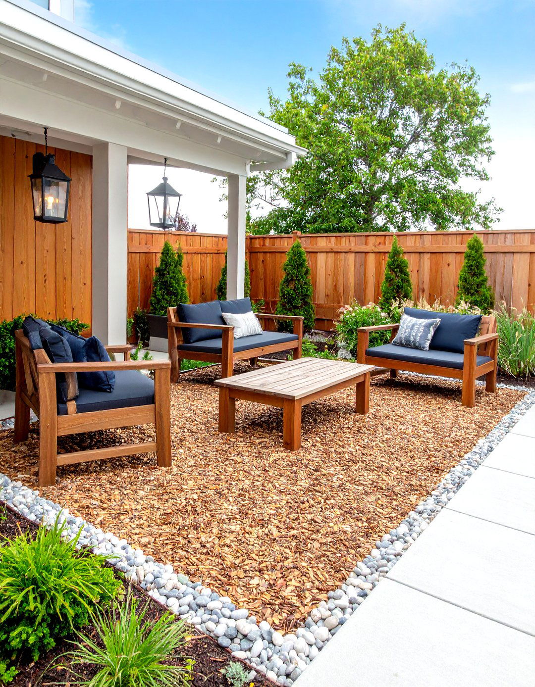 Coastal Cypress Mulch Patio with Driftwood Furnishings - 20 mulch patio ideas