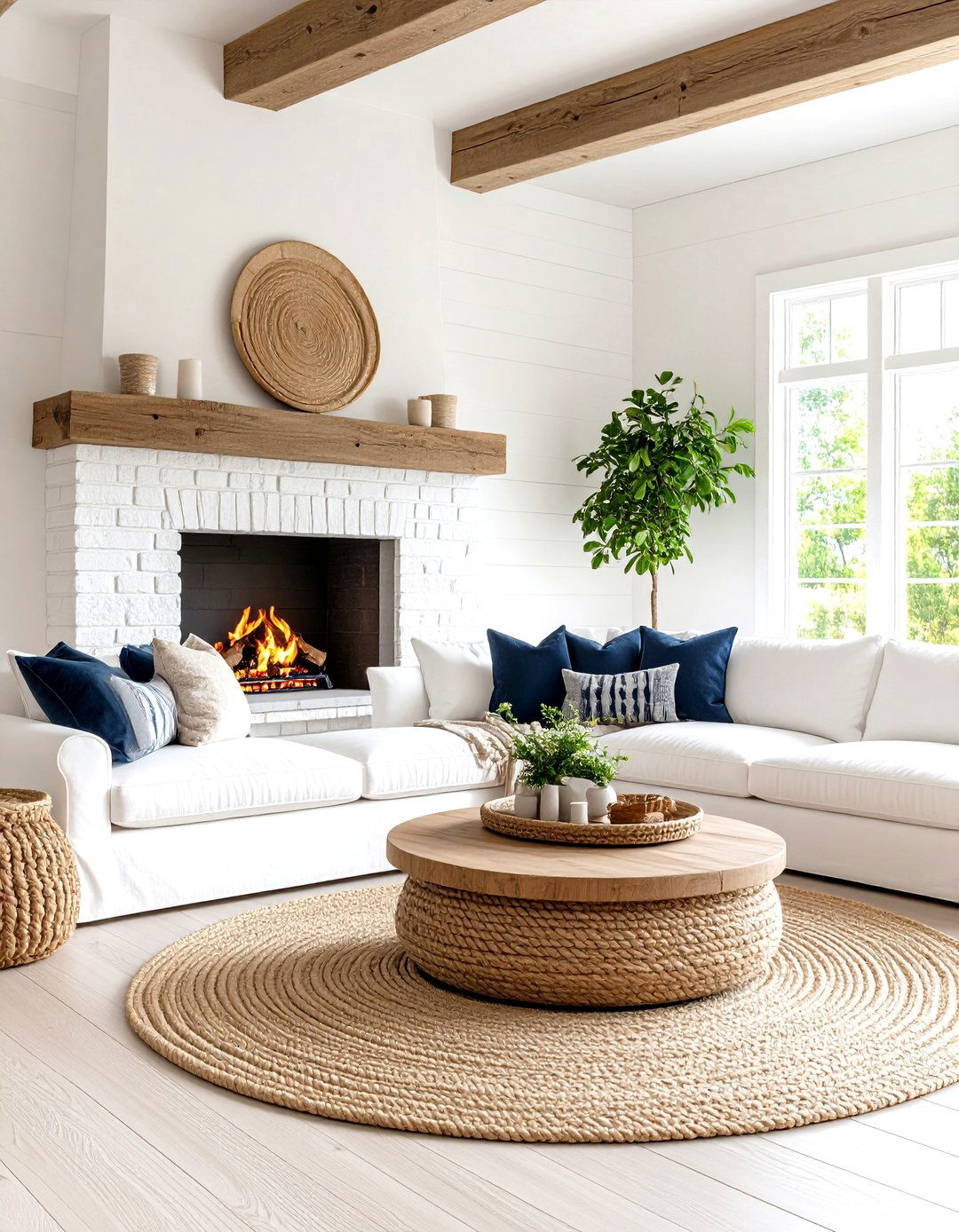 Coastal Farmhouse Rustic Living Room With a Brick Fireplace - 20 Rustic Living Room With a Brick Fireplace Ideas