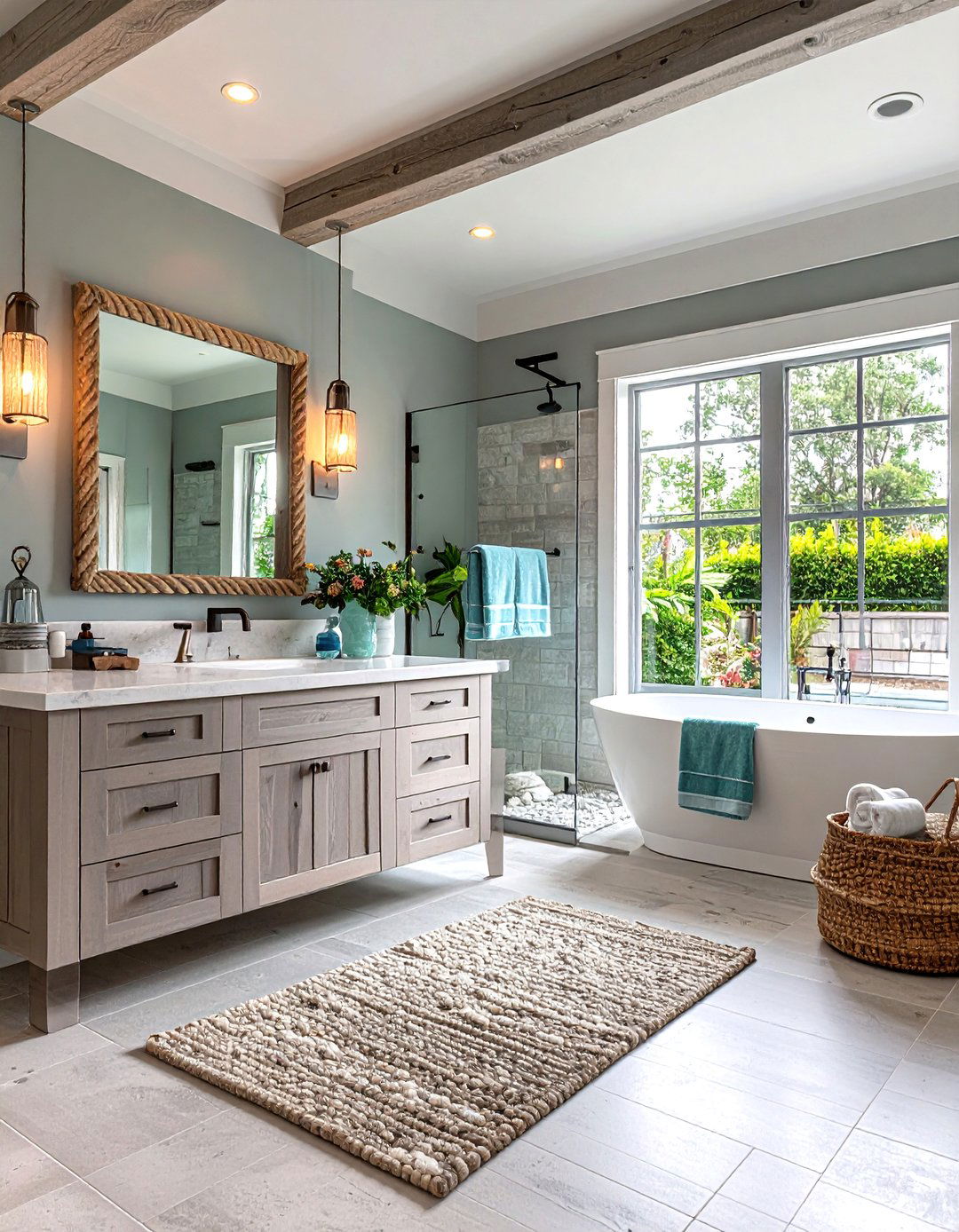 Coastal Grey Bathroom with Seafoam Pops - 20 Grey Bathroom Ideas