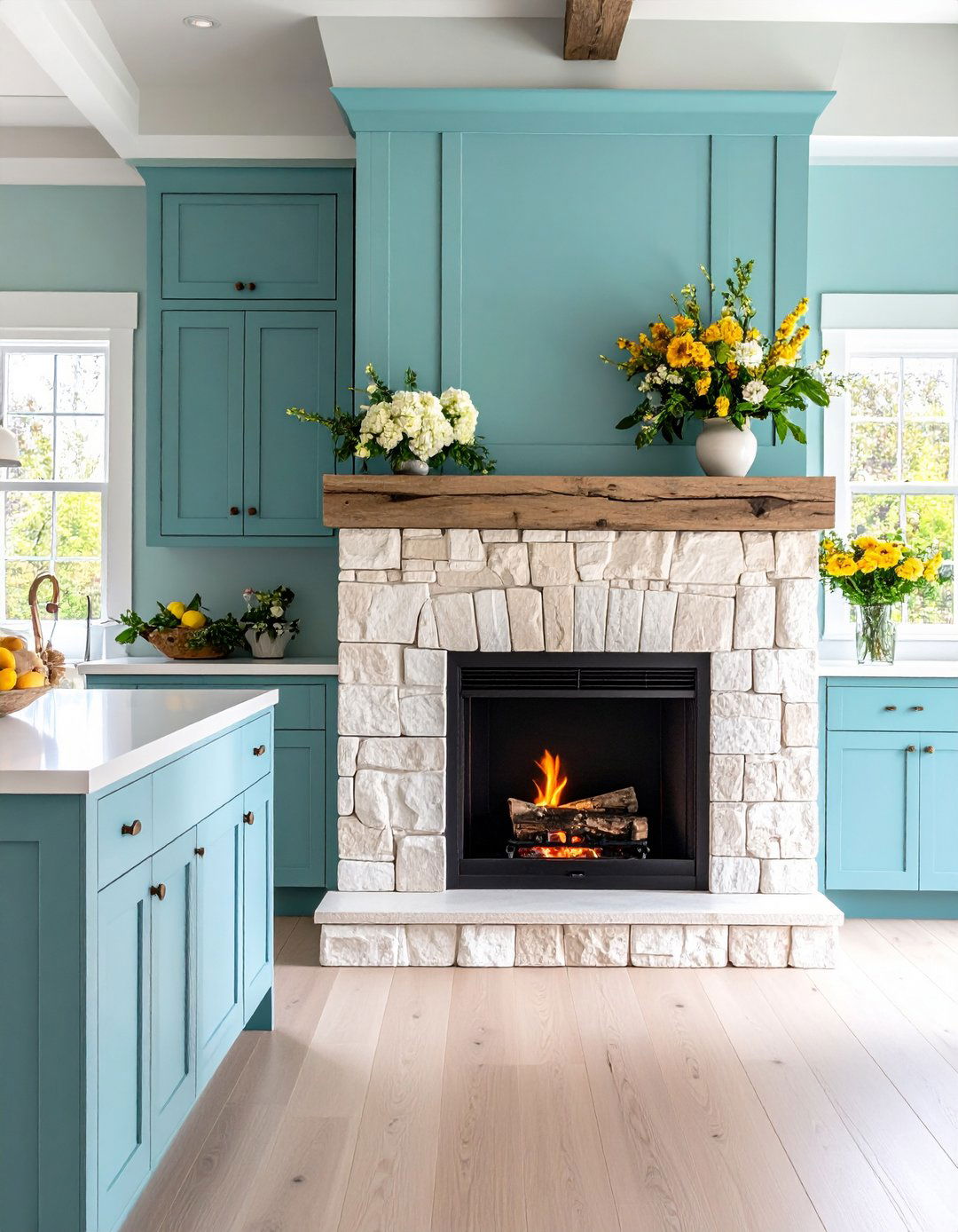 Coastal Kitchen Fireplace With Whitewashed Stone - 20 Kitchens With Fireplaces