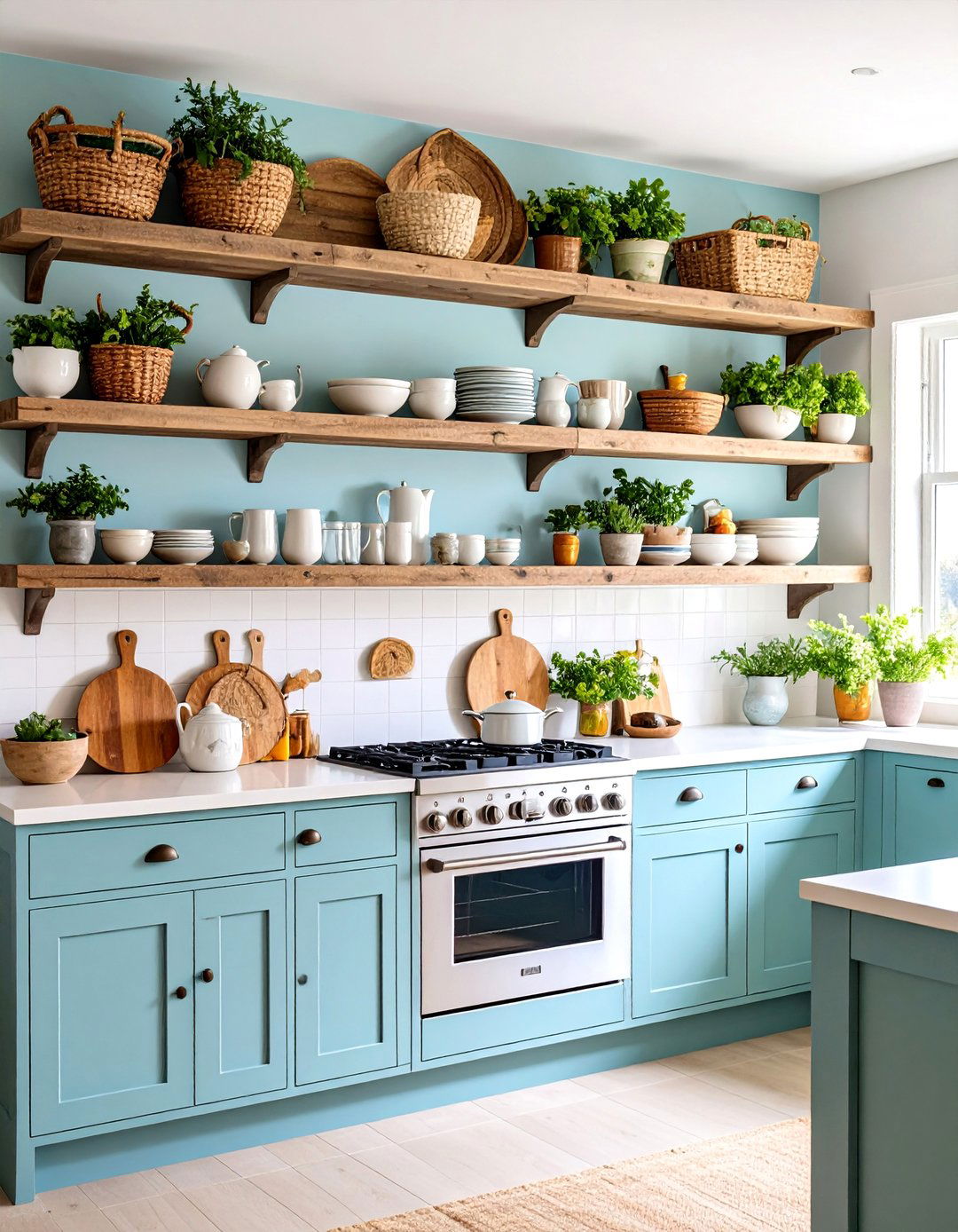 Coastal Kitchen with Driftwood Style Floating Shelves - 20 coastal kitchen ideas