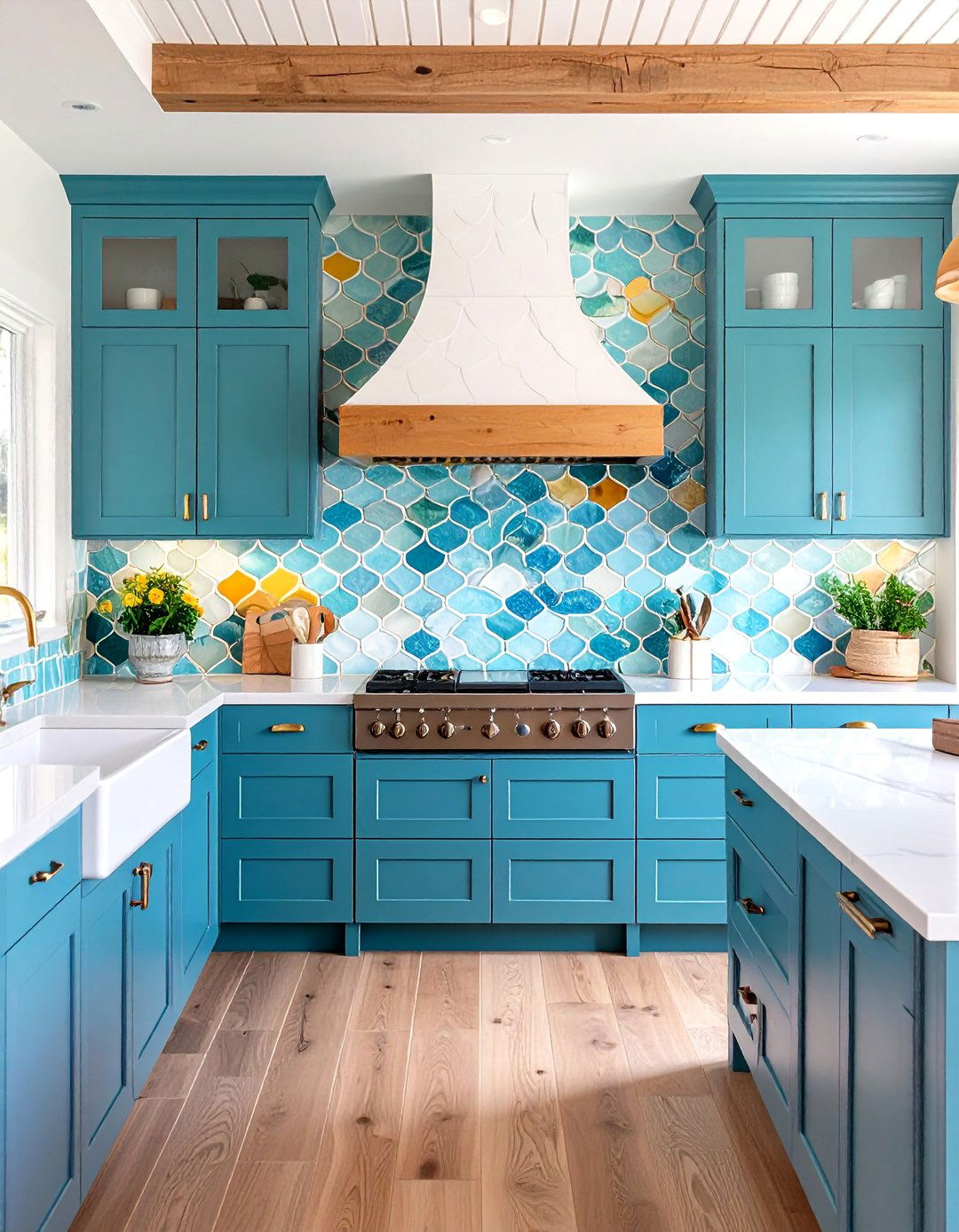 Coastal Kitchen with Fish Scale Tile Backsplash - 20 coastal kitchen ideas