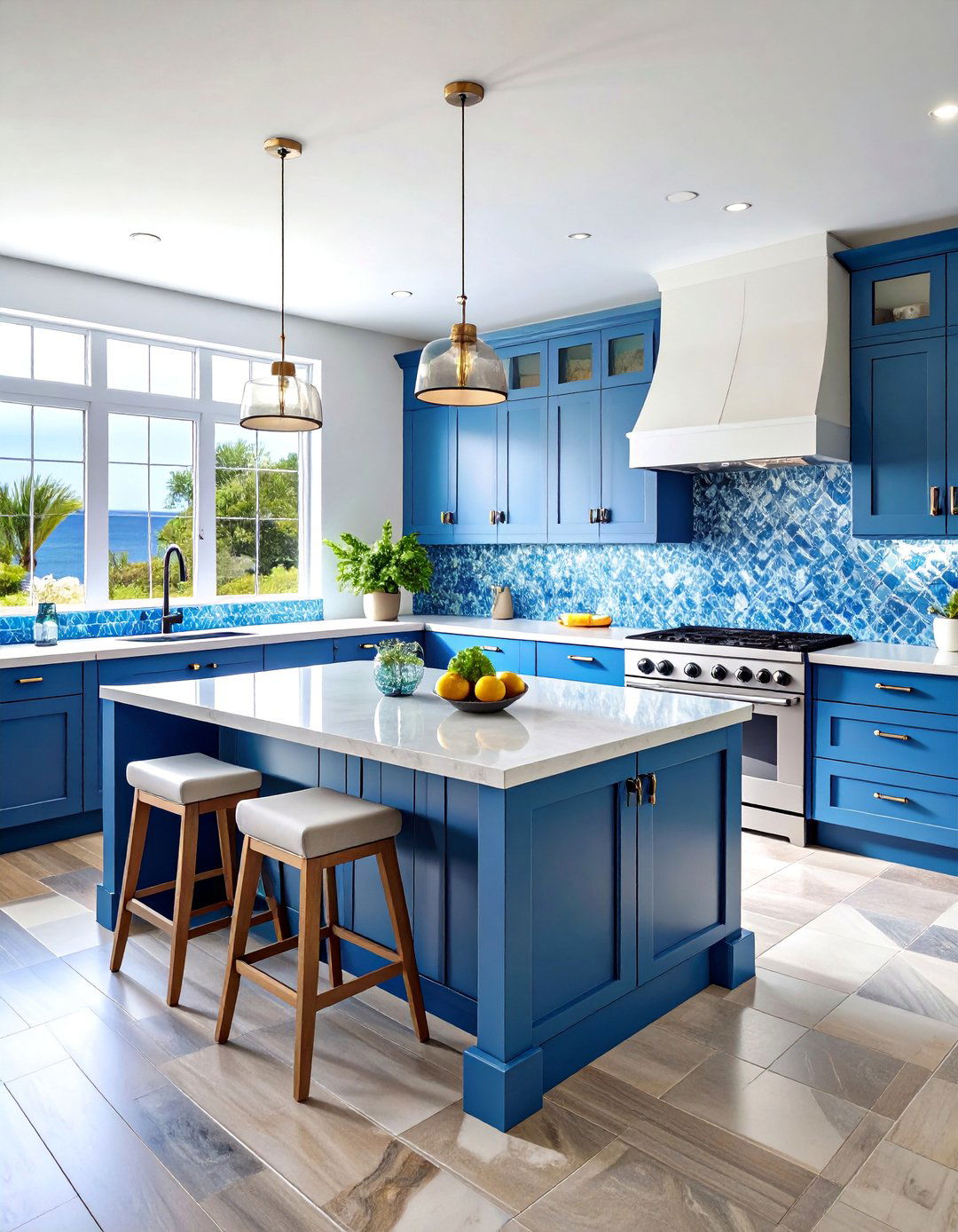 Coastal Kitchen with Glass Tile Backsplash in Ocean Blues - 20 coastal kitchen ideas