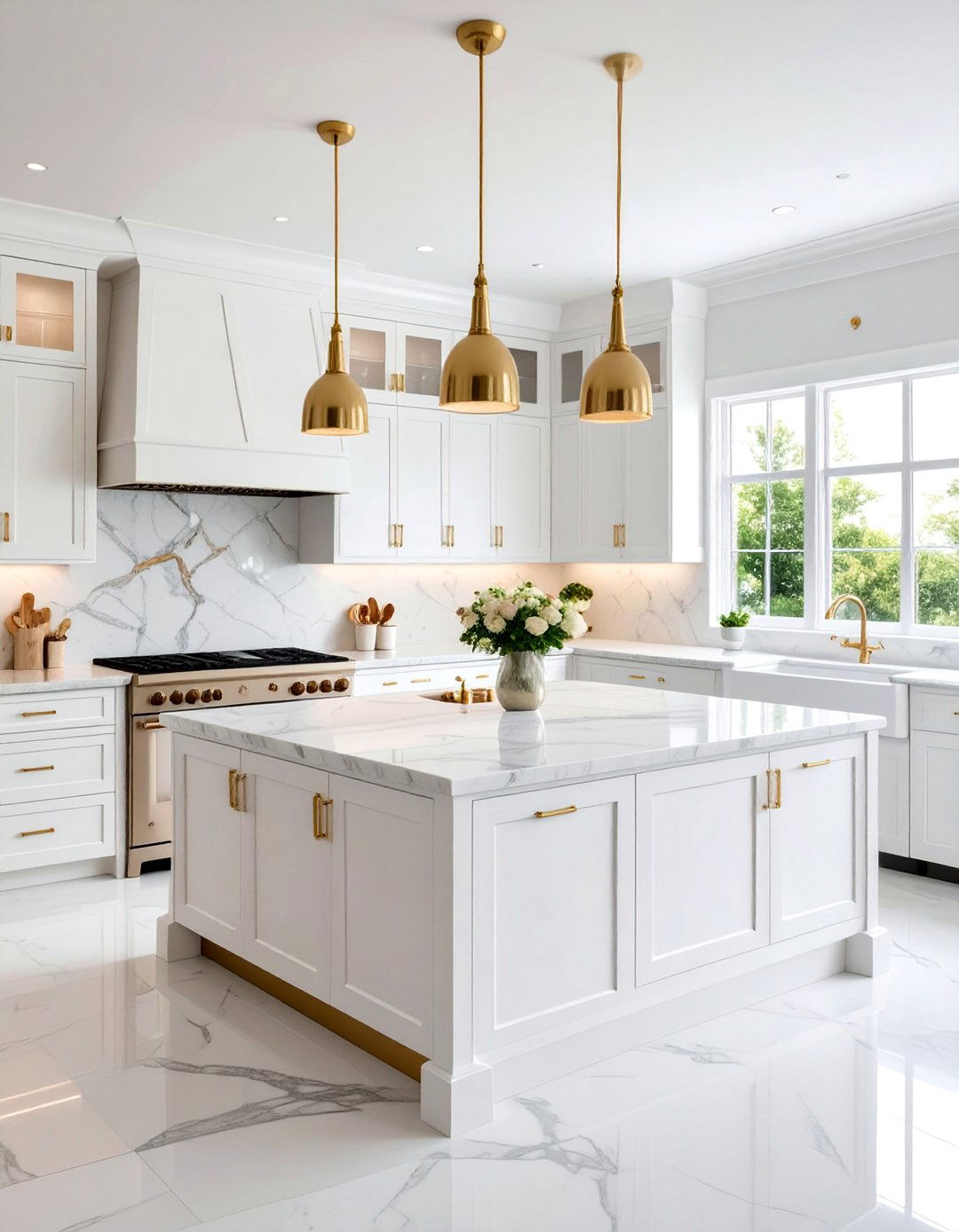 Coastal Kitchen with Marble Countertops and Brass Hardware - 20 coastal kitchen ideas
