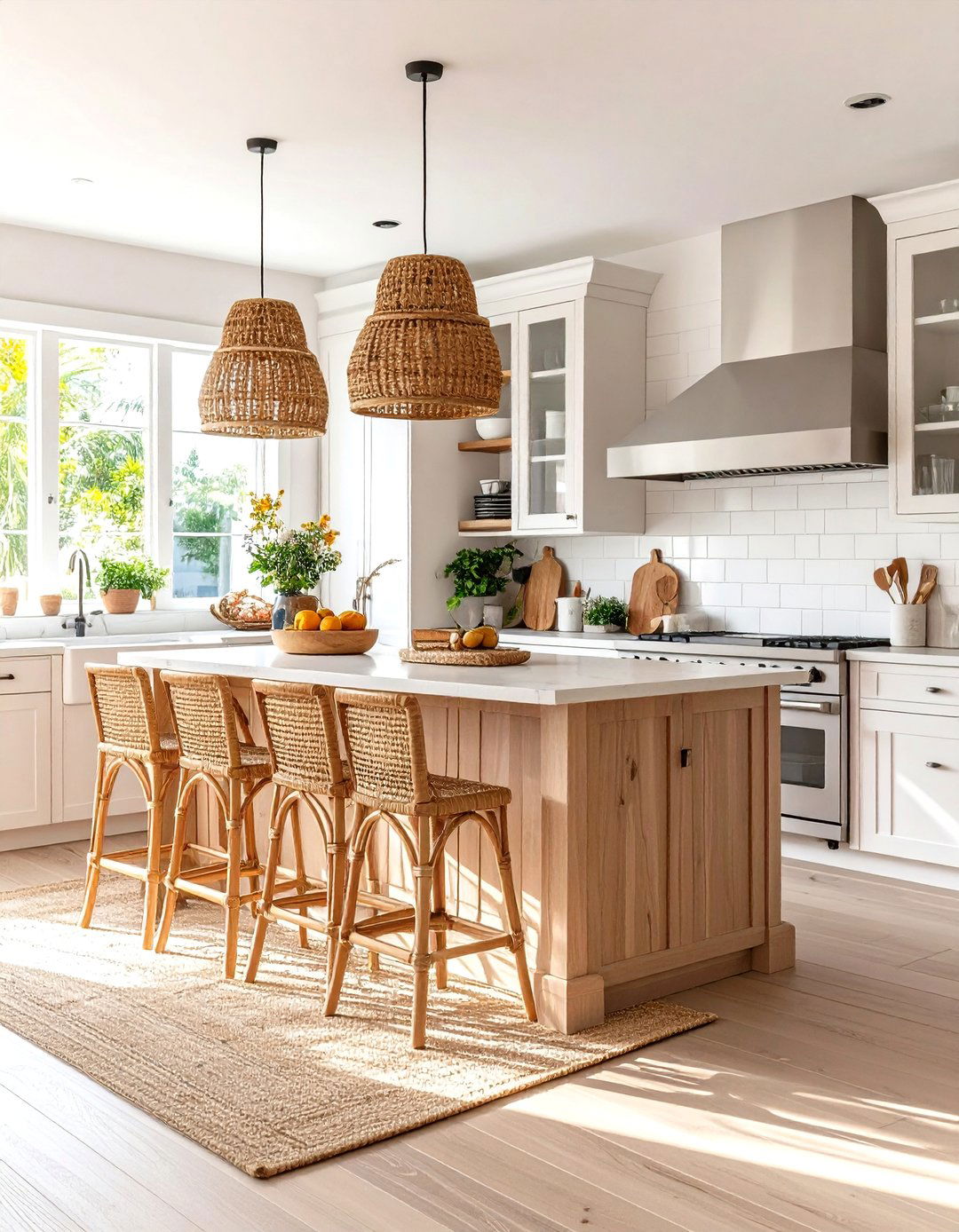 Coastal Kitchen with Rattan Bar Stools and Seating - 20 coastal kitchen ideas