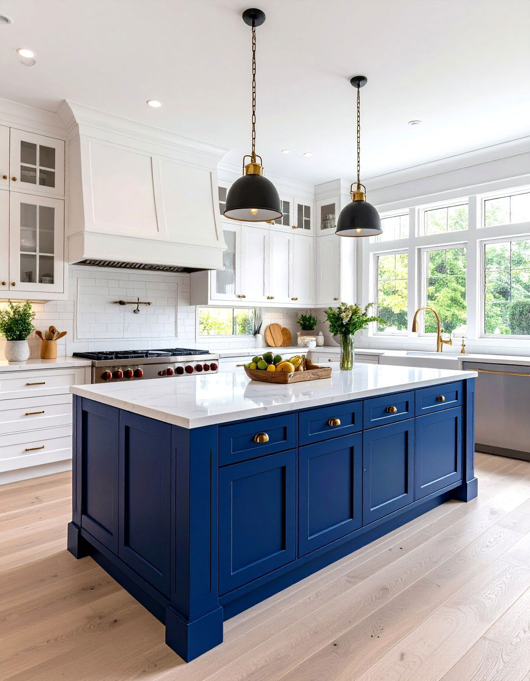 Coastal Kitchen with White Shaker Cabinets and Navy Blue Island - 20 coastal kitchen ideas