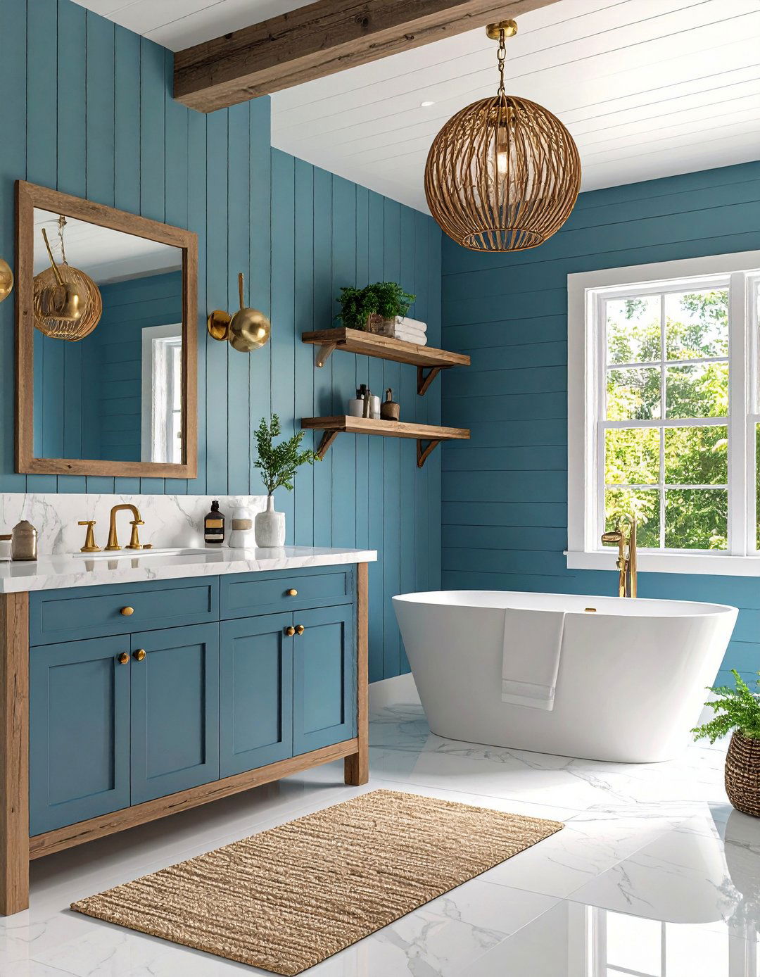 Coastal Light Blue Shiplap and Gold Sconces - 20 Blue and Gold Bathroom Ideas