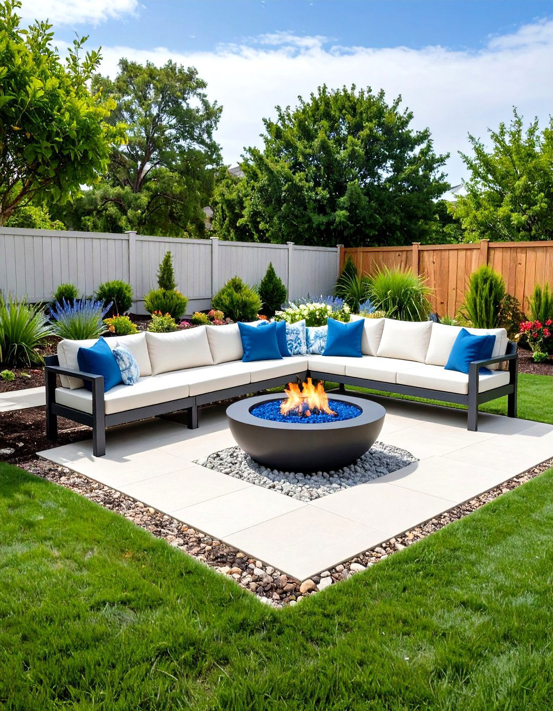 Coastal Light Sand Stamped Concrete Patio with Built In Concrete Bench Fire Pit - 20 stamped concrete patio with fire pit ideas