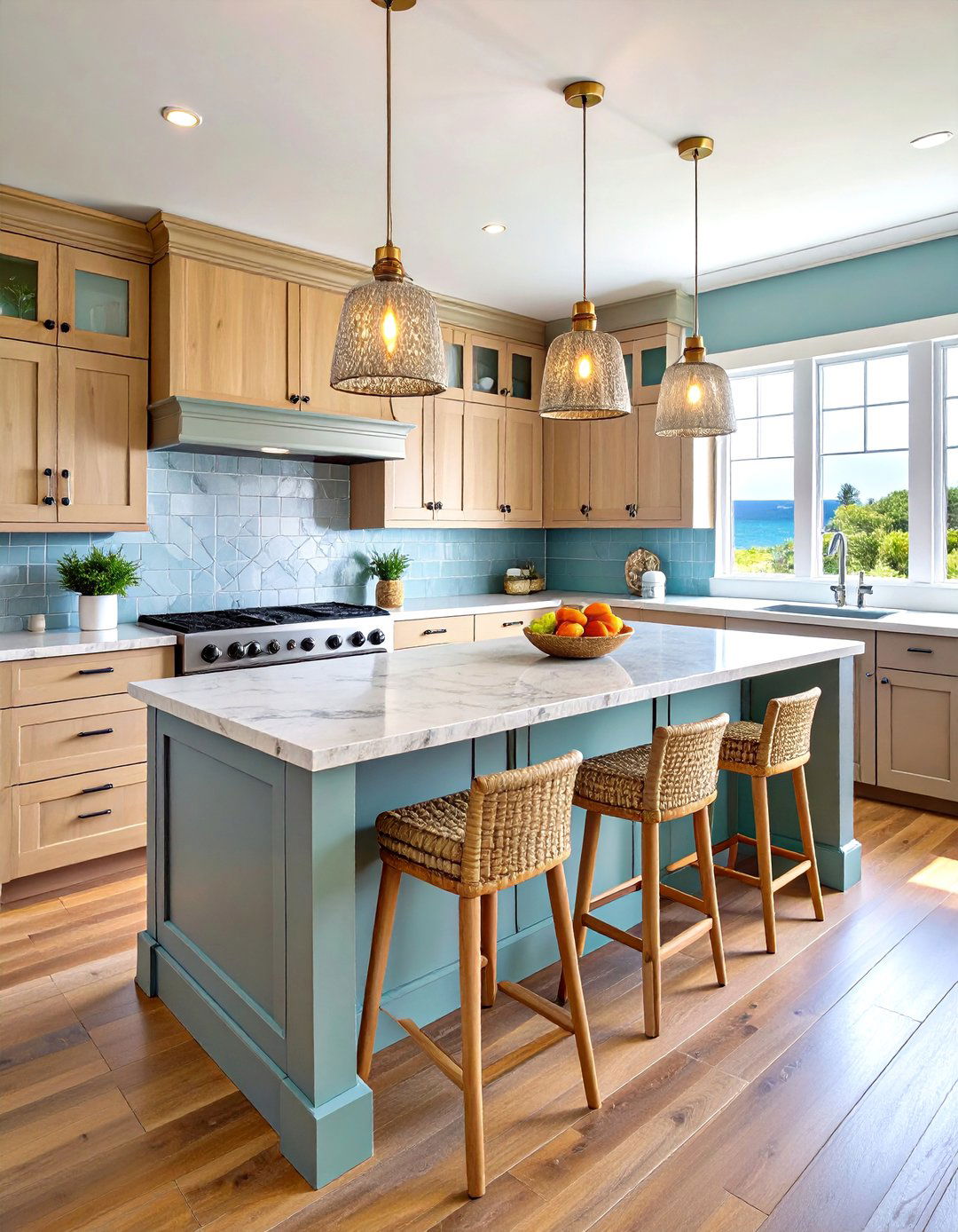 Coastal Light Wood Cabinet Kitchen with Blue Accents - 20 Kitchens With Light Wood Cabinets