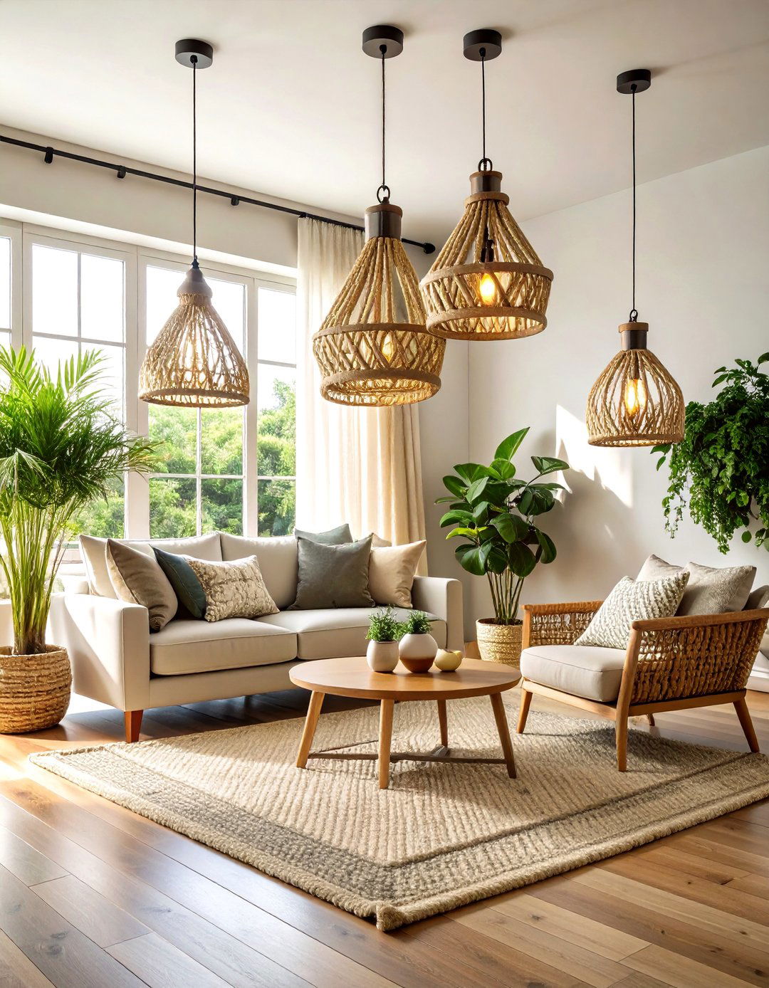 Coastal Living Room Ceiling Lighting with Rope Wrapped Pendant Clusters - 20 Living Room Ceiling Lighting Ideas