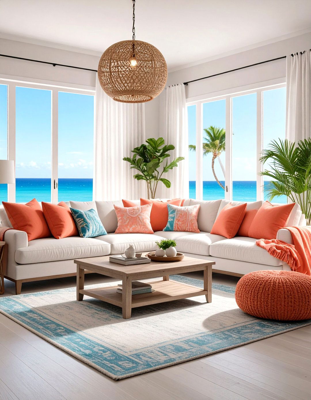 Coastal Living Room Featuring Coral and Warm Accent Colors - 20 Coastal Living Room Ideas