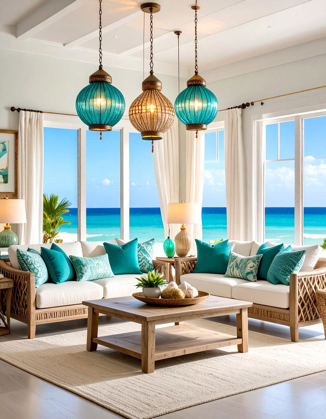 Coastal Living Room Featuring Sea Glass and Ocean Inspired Lighting - 20 Coastal Living Room Ideas
