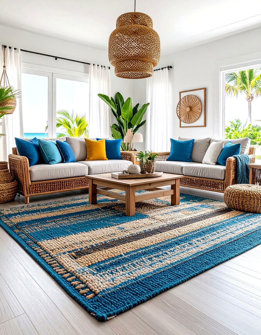 Coastal Living Room with Layered Rugs and Textile Combinations - 20 Coastal Living Room Ideas