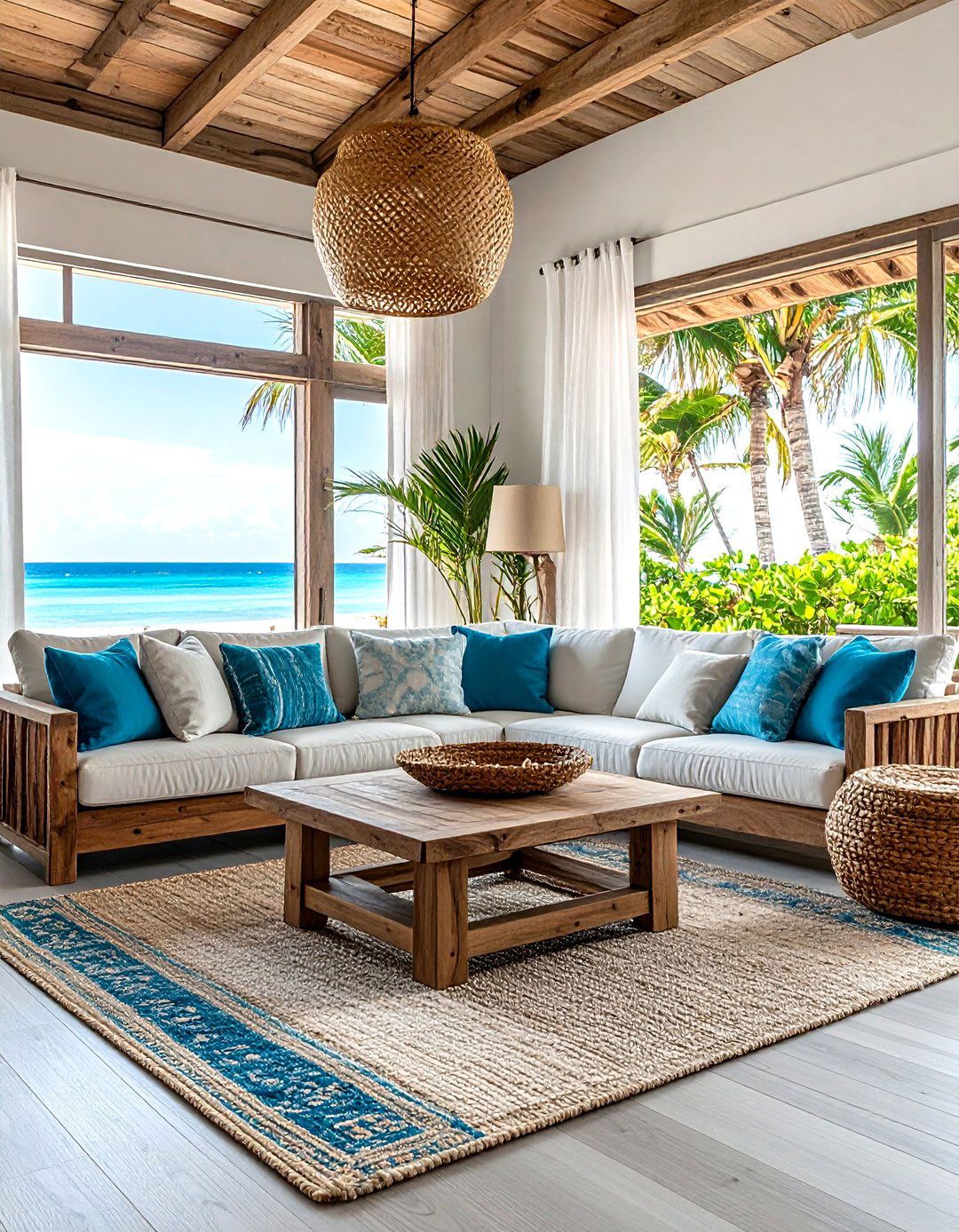 Coastal Living Room with Natural Wood Coffee Tables and Accents - 20 Coastal Living Room Ideas