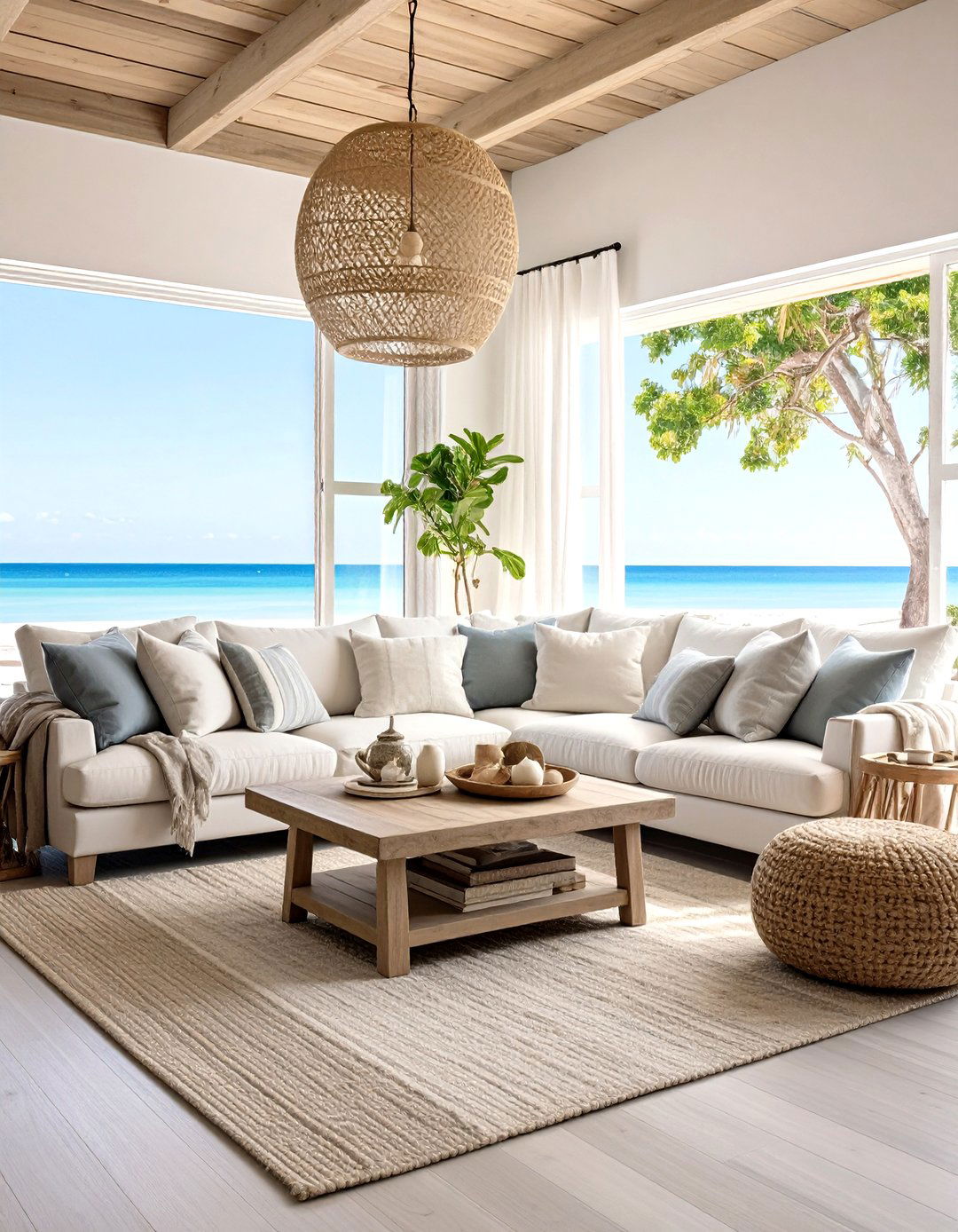 Coastal Living Room with Neutral Monochromatic Sophistication - 20 Coastal Living Room Ideas