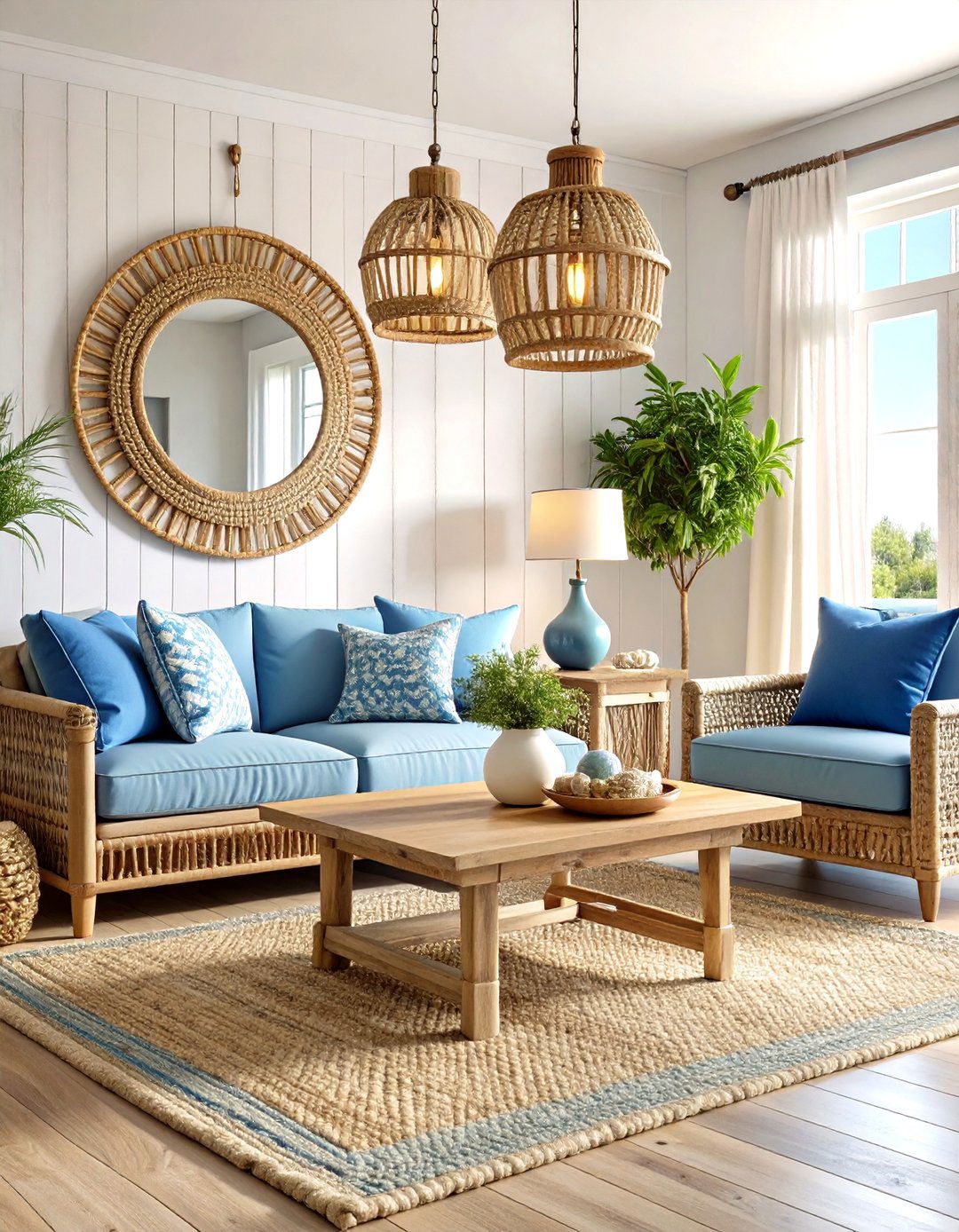 Coastal Living Room with Rattan and Wicker Furniture Elements - 20 Coastal Living Room Ideas